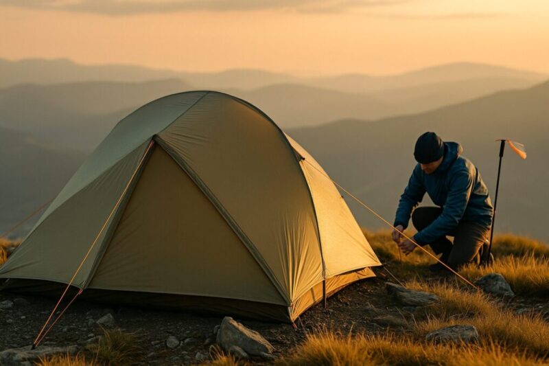 登山向け選び方:稜線での張り方例(対角ガイ・風向き配置)。イメージ