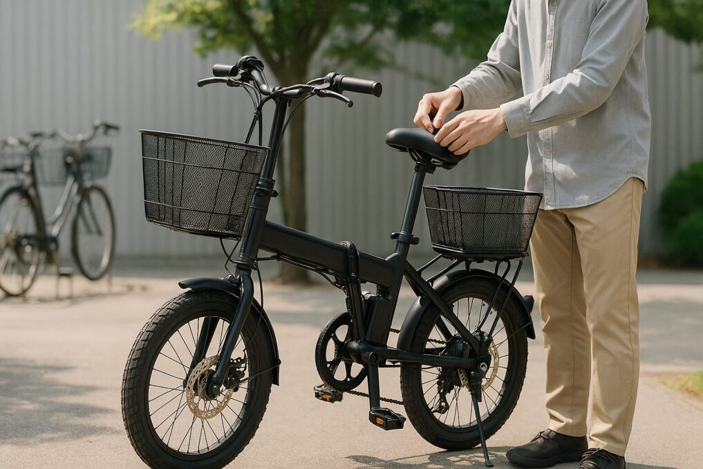 屋外の駐輪場、メタディスクリプション（約120字） グラフィットGFR-02風の小径車に前後カゴ装着イメージ
