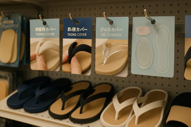 100均ショップの商品棚に並ぶサンダル関連アイテムの接写イメージ