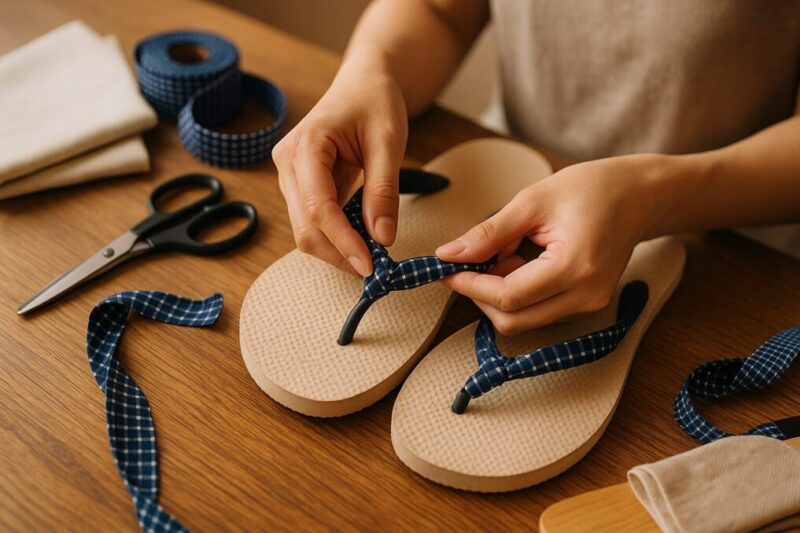 リボンや布で鼻緒部分を巻いているDIY風景イメージ