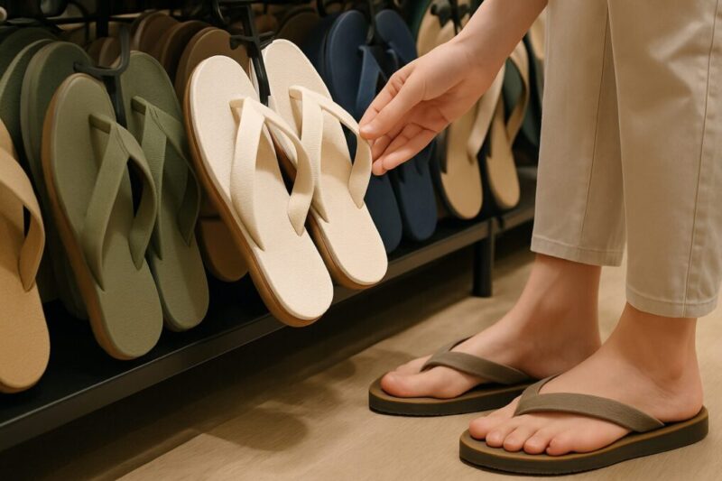 柔らかい素材の鼻緒付きビーチサンダルを店頭で選んでいる様子イメージ