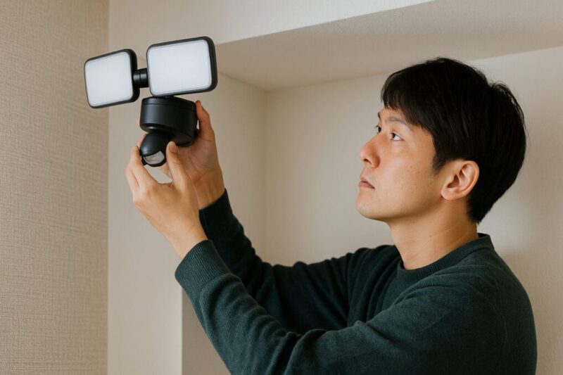 日本人男性が自宅でセンサーライトをマグネットで天井に取り付けている様子イメージ