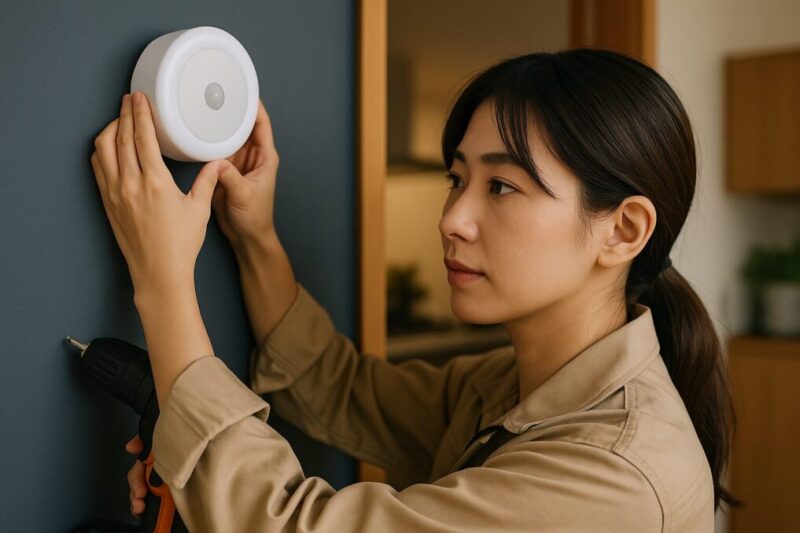 DIY中の女性がマグネット式ライトを取り付けているシーンイメージ