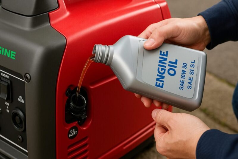 ホンダ発電機に純正オイルを注入している場面イメージ