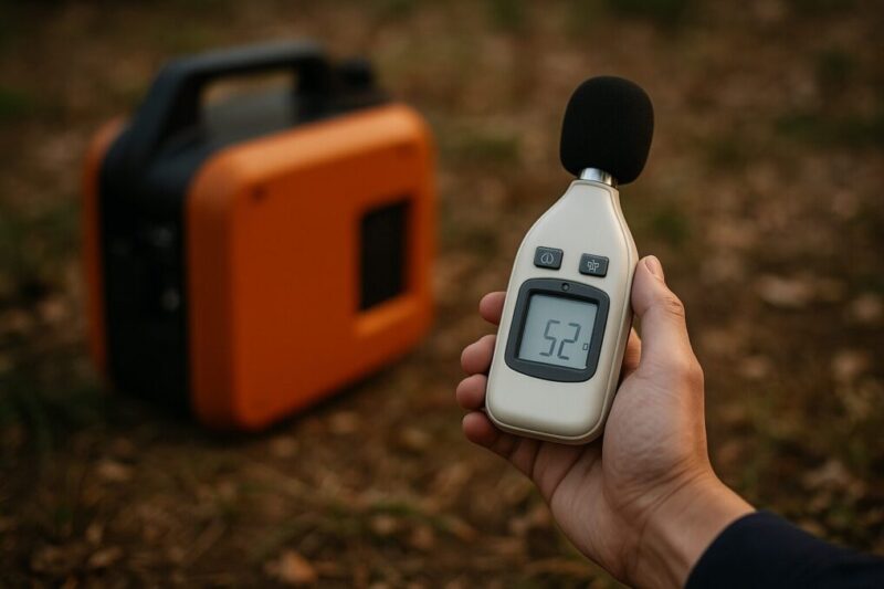 騒音計で騒音を測定している手元と発電機イメージ