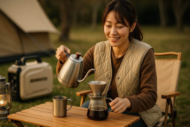 女性がアウトドアテーブルでコーヒーを淹れている背景に発電機が稼働イメージ
