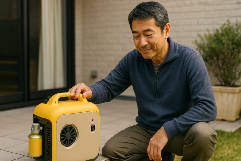 中年男性がベランダや庭で発電機を使用している様子イメージ