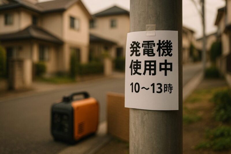 住宅街で注意書きの張り紙（例：「発電機使用中 10〜13時」）を掲示しているポールイメージ