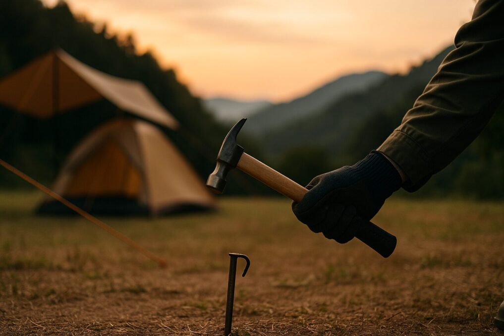 「夕暮れのキャンプサイトで無地ハンマーを構える手元」イメージ