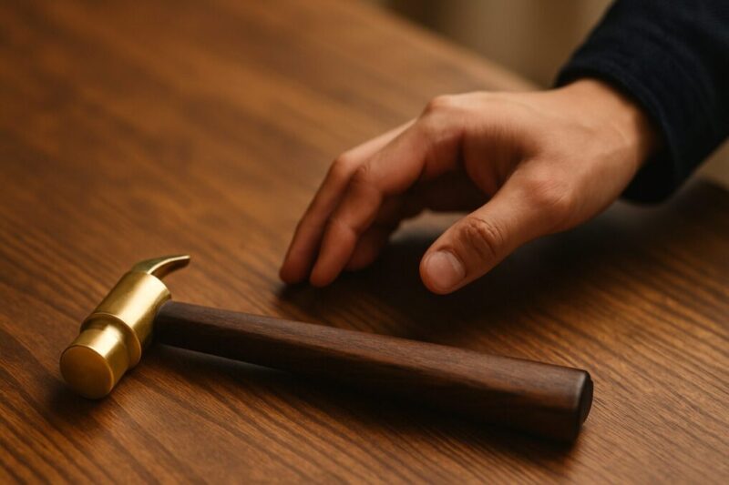 「真鍮ヘッドのペグハンマーを手に取る直前の手元」イメージ