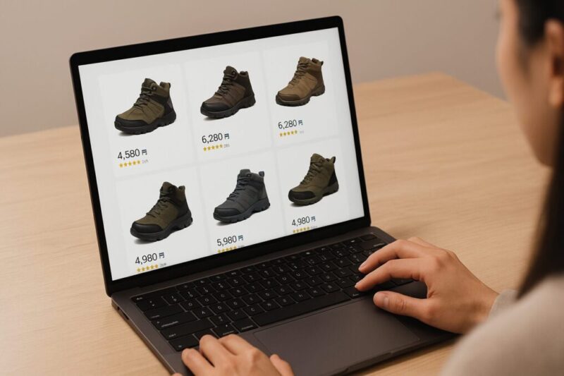 ECサイトで無地のトレッキングシューズ一覧を比較する日本人の手元。価格と在庫を見比べる購入先選びのイメージ