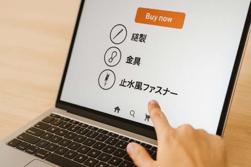 ECサイトの購入ページを抽象化した画面に、縫製・金具・止水風ファスナーのチェック項目を指差す手元。