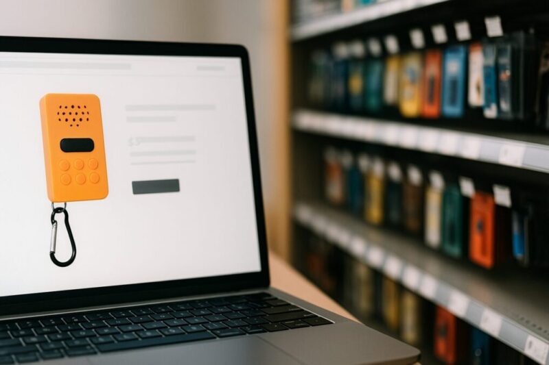 EC画面とぼかした店頭棚を並置し、オンライン購入と店頭購入の違いを表現した写真。