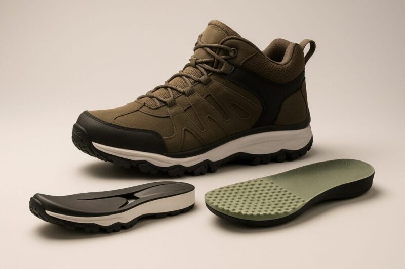 EVAミッドソールとシャンク、ハニカムインソールを前景に置いた無地のミッドカット登山靴。軽さとクッションの構造が分かるイメージ