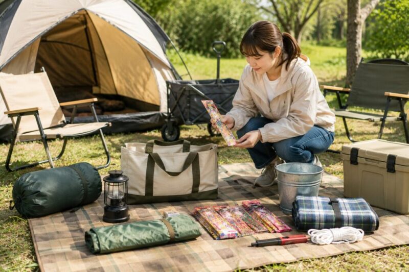 GWキャンプ前に手持ち花火と安全用品を準備する様子