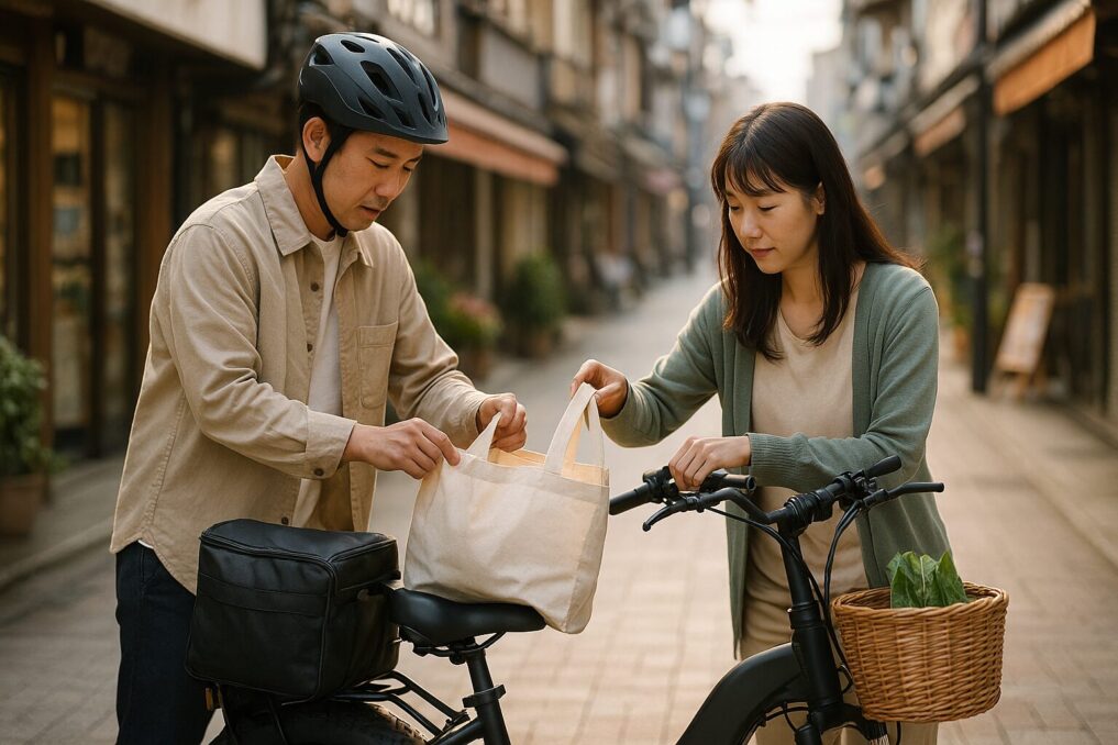 Heybikeで買い物バッグを積むイメージ