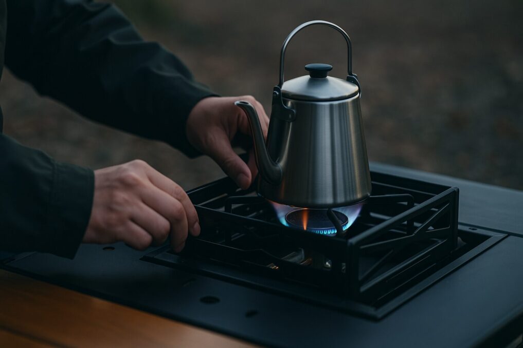 IGTにビルトインしたwaq burner mini tableでお湯を沸かす手元のクローズアップ。