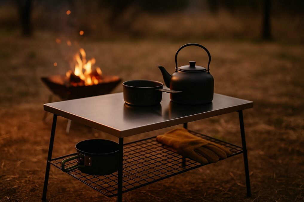 IKEA小物で下段棚を追加した焚き火テーブルのカスタム全体像。