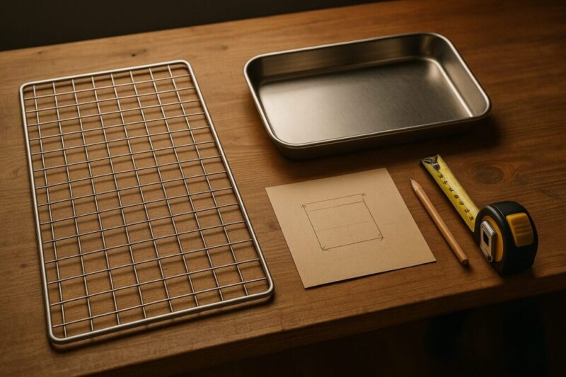 IKEA流用のワイヤーラックやボード、寸法メモと工具を並べた作業台の静物写真イメージ