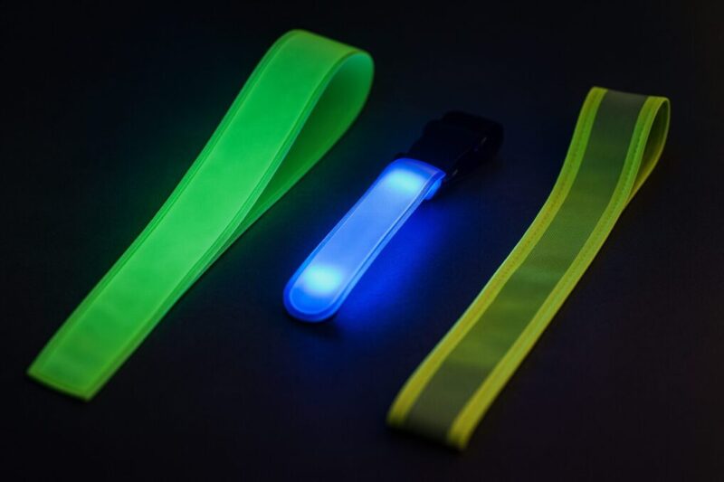 LED内蔵タスキとリストバンド、通常の反射タスキを並べて、光るタイプの安全グッズを比較したイメージ。