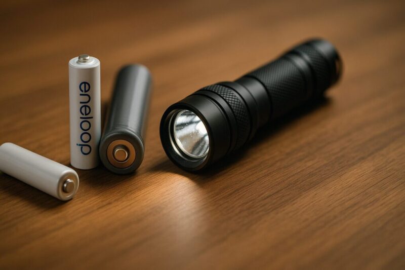 LED懐中電灯が暗くならないための対策用品として、高品質電池とアルミボディ懐中電灯を並べた写真イメージ