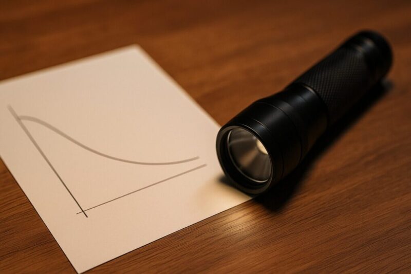 LED懐中電灯の寿命に伴う光量低下を示す曲線グラフと懐中電灯イメージ