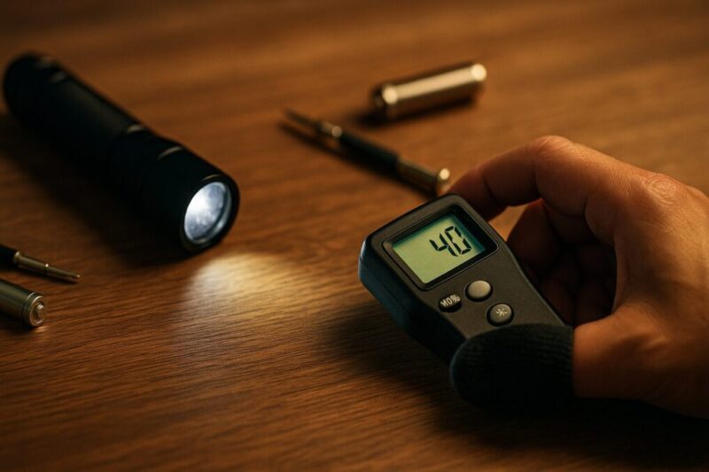 LED懐中電灯の寿命を確認する場面を机上で点検している様子イメージ