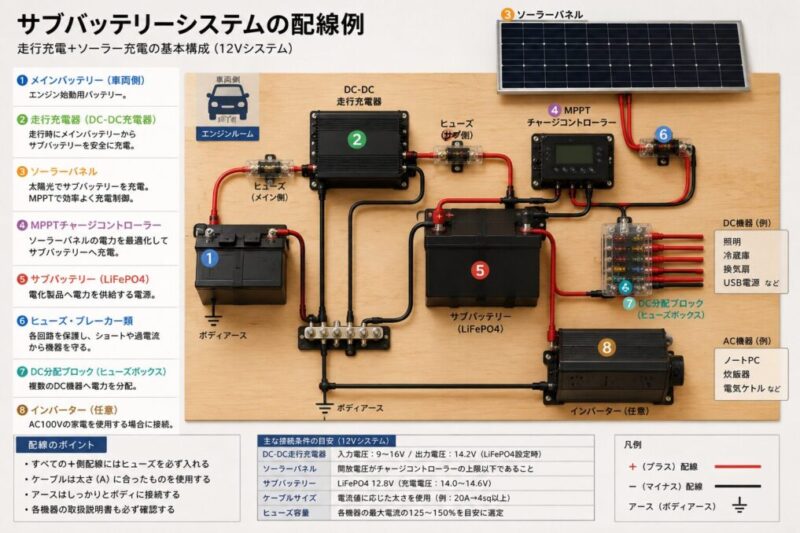 ソーラー入力対応の走行充電器とサブバッテリーを組み合わせた車中泊電源