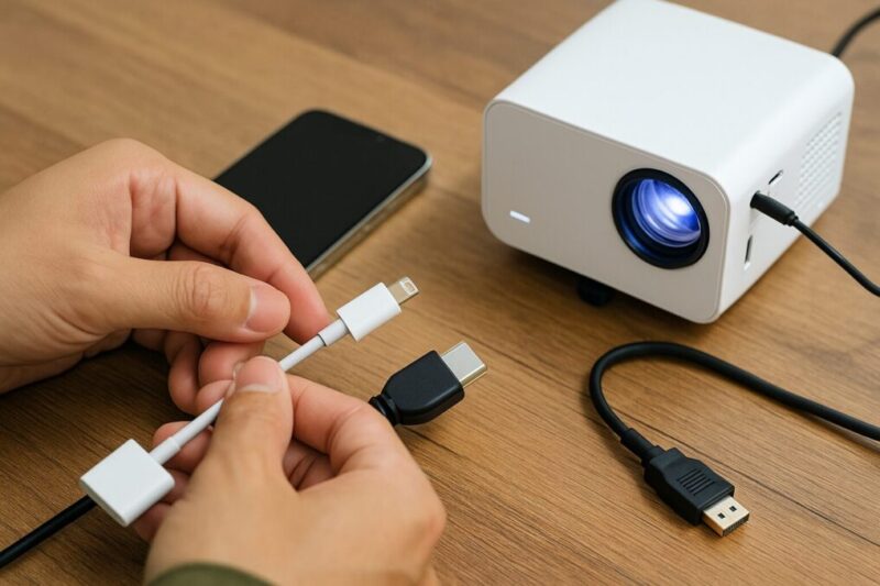 Lightning–HDMIアダプタを使い、iPhoneを白い小型プロジェクターへ有線接続する日本人の手元のクローズアップ。