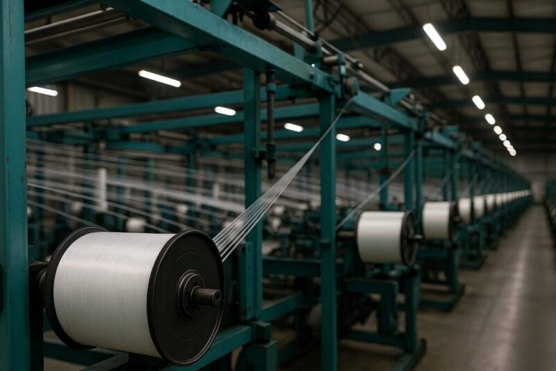 PEライン用の原糸スプールが並ぶ工場内の製造ラインを横から捉えたイメージ写真