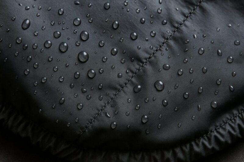PUコーティング生地に水滴が弾かれ、縫い目と裾ゴムの構造が分かるクローズアップ写真。