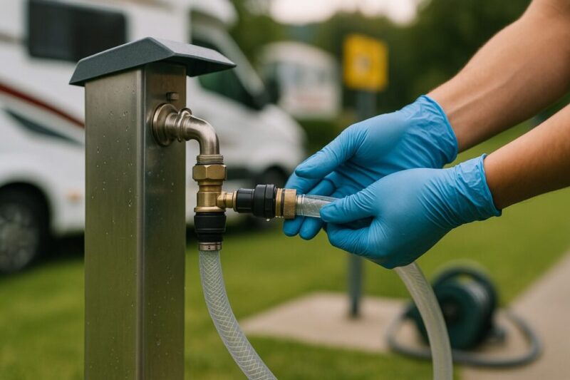 RVパークの給水ポストで、ホースに手袋をした手がコネクトしている場面イメージ