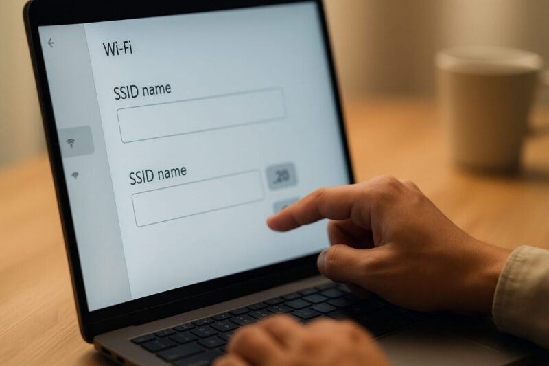 SSID編集画面で『_2G』『_5G』を使い分ける操作を示す日本人の手元