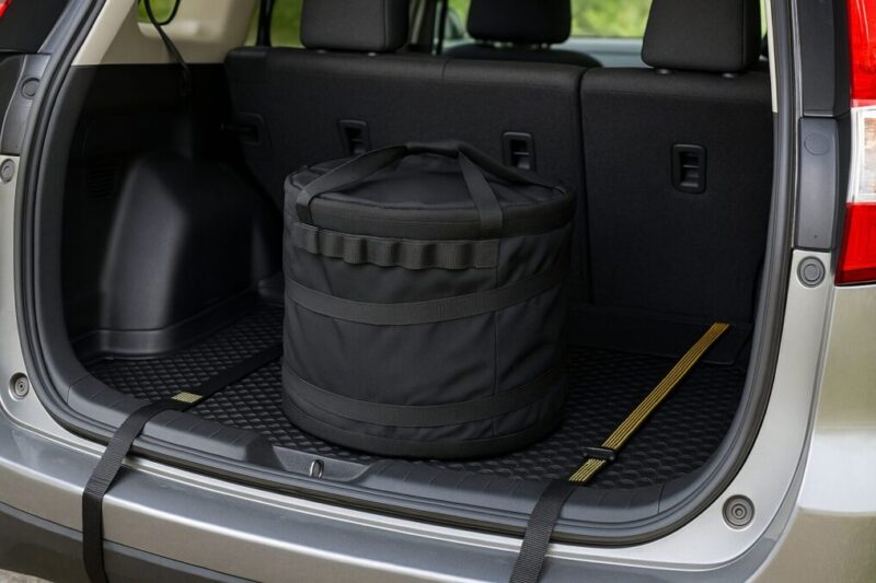 SUVの荷室で、丸型ケースを滑り止めマットとストラップで固定した車載イメージ