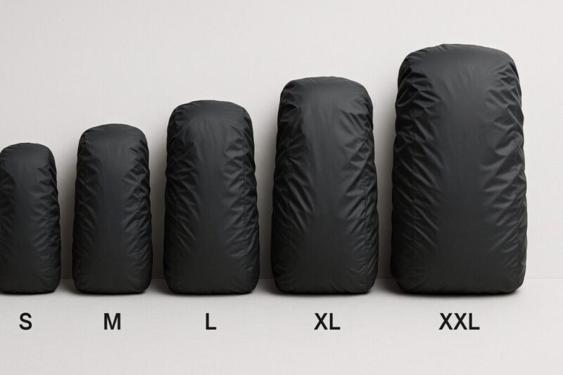 S・M・L・XL・XXLを横並びで比較した、無地レインカバーのサイズイメージ写真。