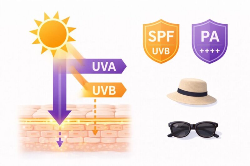 UVAとUVB、SPFとPAの違いを図解したイメージ