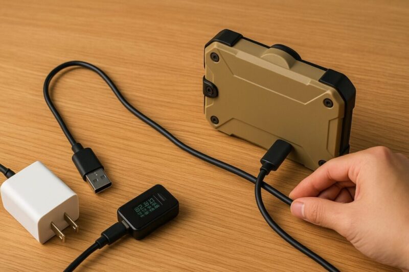 WAQランタンの充電トラブルをチェックしている場面
