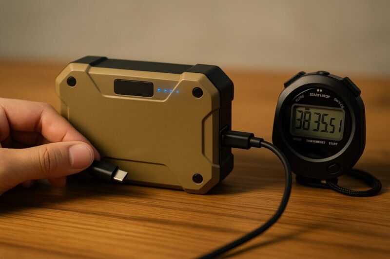 WAQランタンの充電時間をストップウォッチで測定している様子