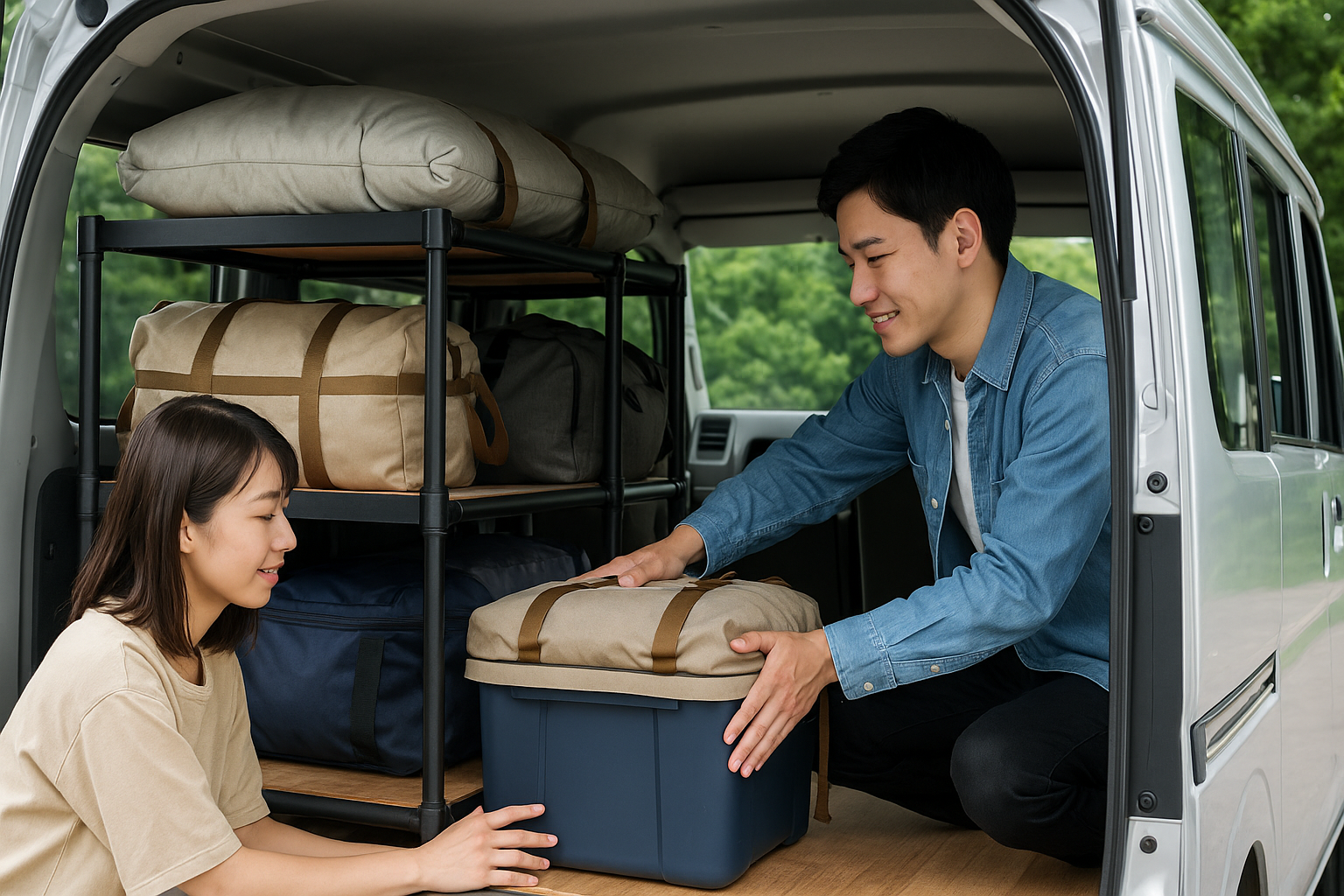 軽バンの荷室に黒いイレクターパイプ棚を設置し、寝具とキャンプ用品を収納している様子（日本人の若い夫婦）