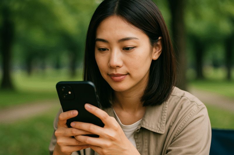 スマホでレビューを見ている女性イメージ