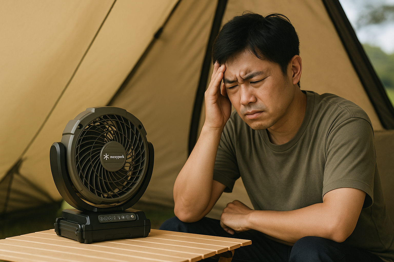故障したスノーピーク フィールドファンを前に困っているキャンパーの様子