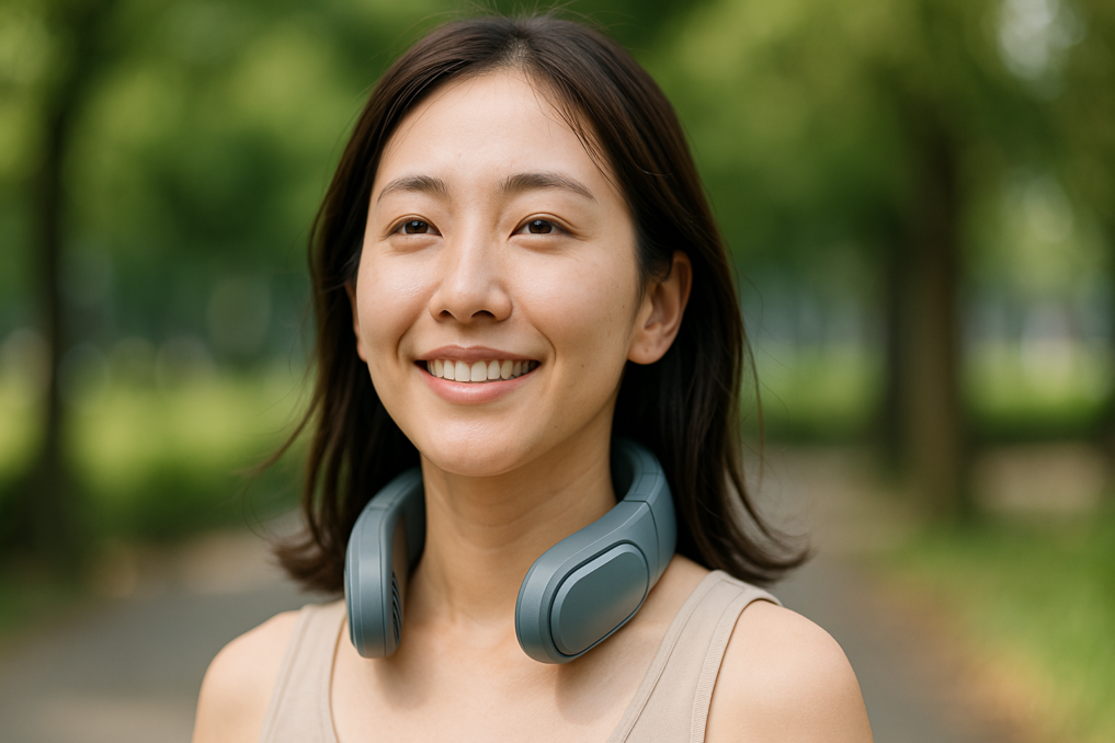 【画像案】：favoreal ネッククーラーを首に装着して涼しげに微笑む日本人女性のリアルなイメージ写真（屋外）