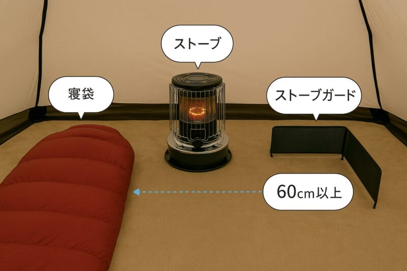メニティドームMの床面中央に石油ストーブを配置し、入り口側に頭を向けるように寝袋を左右対称に敷く形が理想的です。ストーブからは各寝袋まで60cm以上の距離を取り、周囲には耐熱マット+ストーブガードを設置。イメージ画像