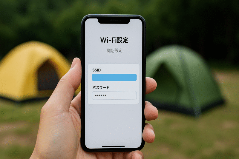 「Wi-Fi設定」アプリの初期設定画面(SSIDとパスワード欄)が表示されているイメージ