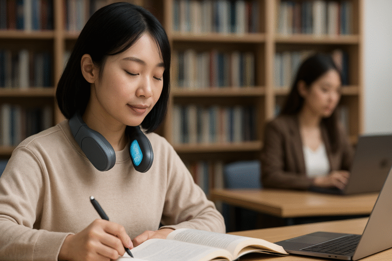 図書館やオフィスで静かに使用している様子