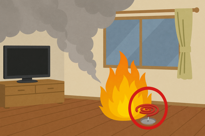 火事になった実例のイラスト（危険箇所を赤マーク）