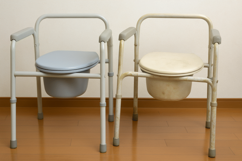 画像案:新品と経年劣化したポータブルトイレを比較して並べた実写画像(1200×675構図)