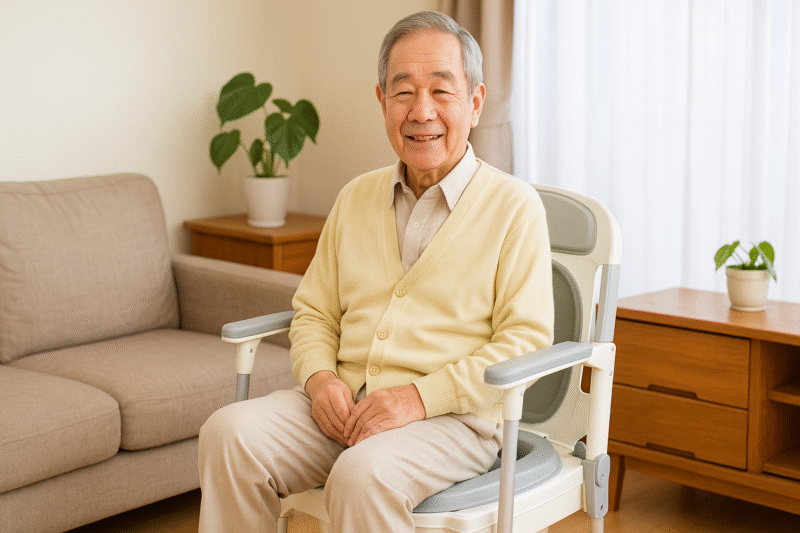画像案:日本人の高齢者男性が室内でポータブルトイレに座って穏やかに過ごしている様子