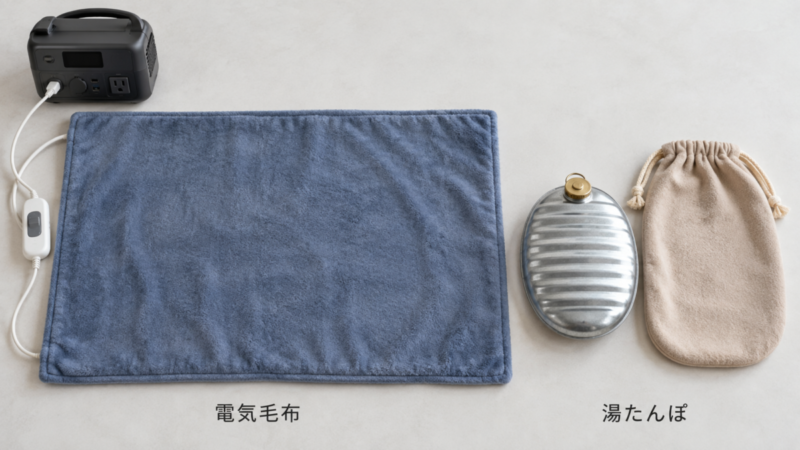 ポータブル電源につないだ青い電気毛布と、金属製湯たんぽ・布カバーの比較。