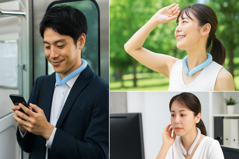 通勤中/屋外レジャー/オフィスなど多様な使用シーンのコラージュイメージ
